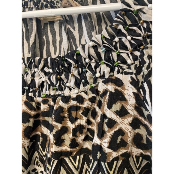Womens Animal Print Beaded Smocked Cap Sleeve Top Sz M Lightweight Casual - Picture 2 of 6
